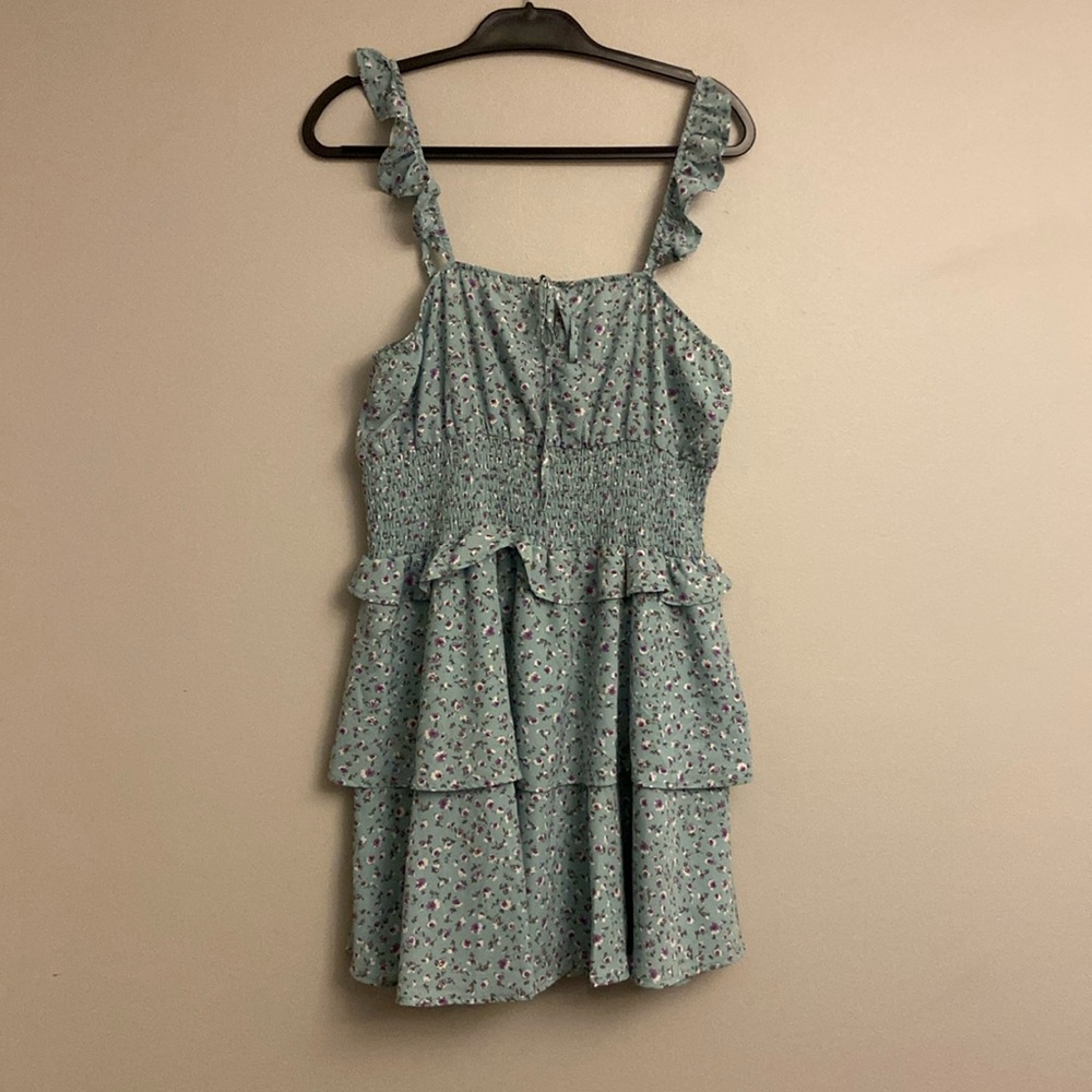💜Chocolate Smocked Ditsy Floral Ruffle Straps Tiered Mini Dress Size L